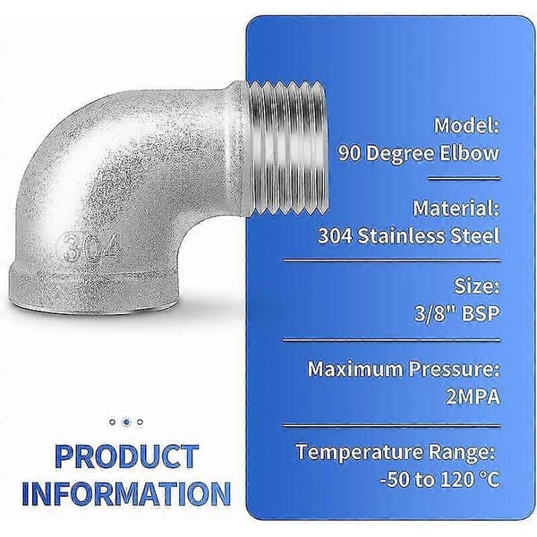 2 stk. 304 rustfrit stål 90 graders bøjningsfittings, 3/8\" han til 3/8\" hun BSP rørfittings
