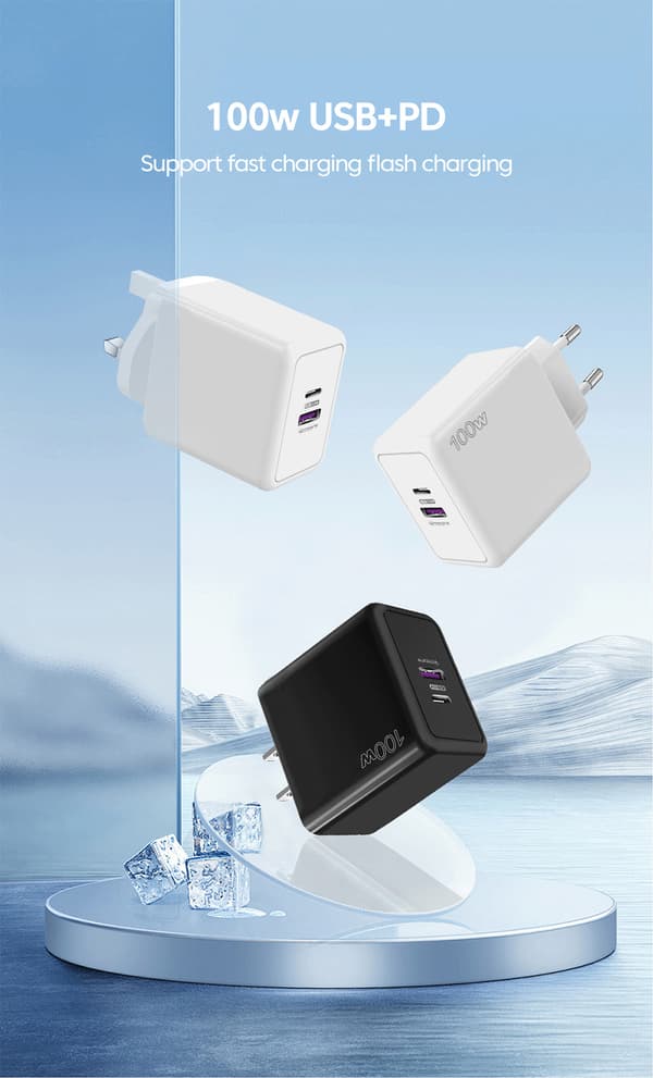 Oplader, hurtigopladning, 100W, PD + USB til iPhone, Xiaomi, Huawei, Redmi, Samsung
