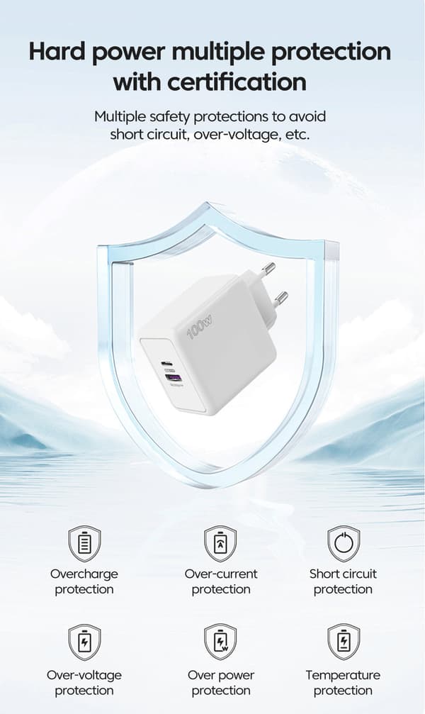 Oplader, hurtigopladning, 100W, PD + USB til iPhone, Xiaomi, Huawei, Redmi, Samsung