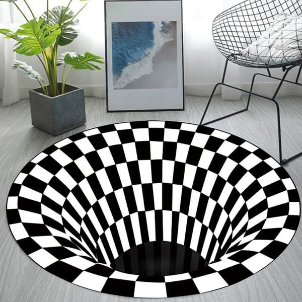 Illusion Matta Fångar Effekten 3D Hål Botten Rund Matta Svart Vit Rutnät Sovrum Rum Halkfri Golvmatta-C