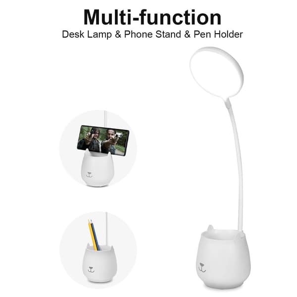 Desk Lamp, LED Desk Lamp with Touch Switch and Pen Holder, Dimmable Eye-Caring Reading Lamp, USB Rechargeable Dimmable Bedside Lamp