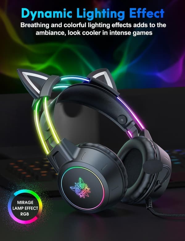 Lett gamingheadset med avtakbare katteører, gradient RGB-lys, kablede over-ear hodetelefoner for PC/PS4/PS5/XBOX/Switch, Virtu