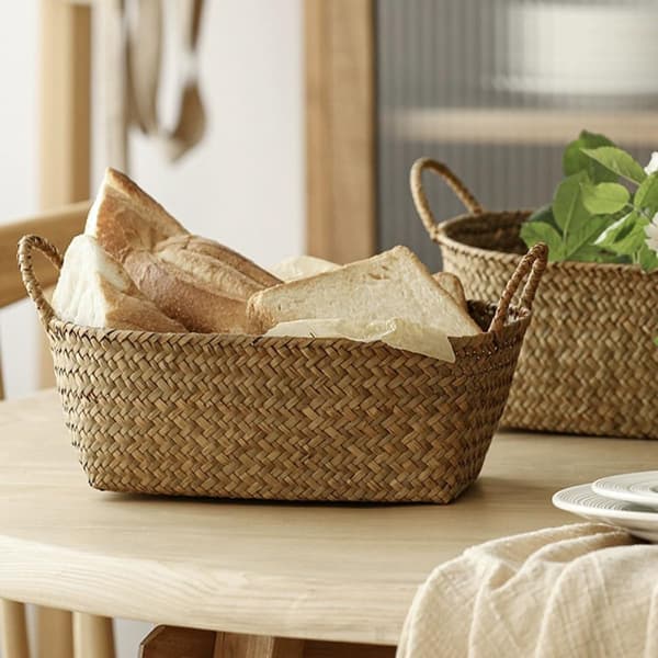 Retro Pastoral Style Storage Basket with Handle, Medium Khaki Seagrass and Iron Home Storage Organizer