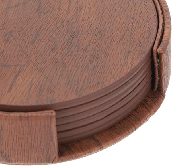 6pcs Brown PU Round Coasters Set Lightweight Non-slip Coasters Creative Appearance