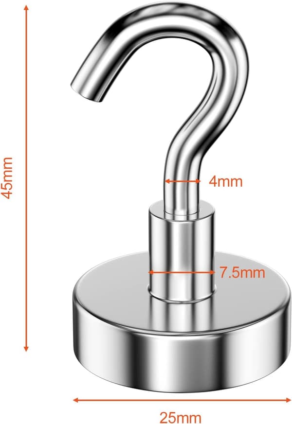 6 Pieces 25MM Magnetic Hook 22KG Pull Force, Removable Powerful Magnetic Hooks, Neodymium Hooks