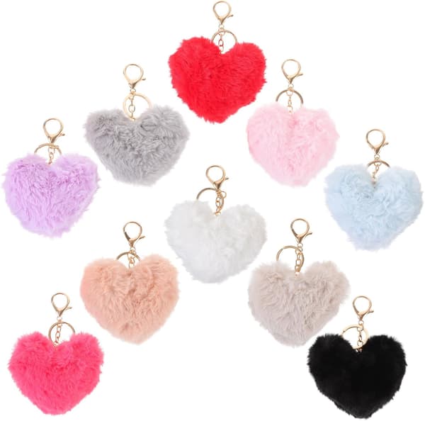 10 stk. hjerteformede pompom-nøgleringe, nøglering i imiteret kaninpels til kvinder, bløde, fluffy håndtasketilbehør