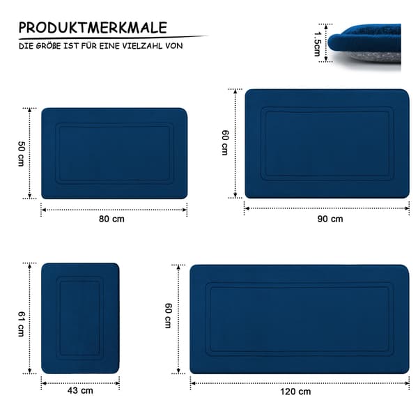 Baderomsmatte i Memory Foam - Absorberende Baderomsmatte - Sklisikker Baderomsmatte - for Baderom og Stue - 50 x 80 cm - Mørkeblå
