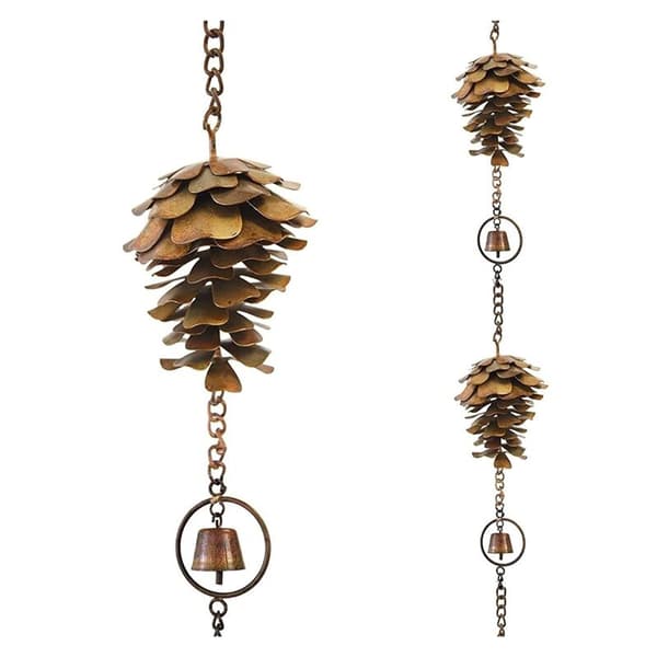 Pine Cone Rain Chain, Decorative Pine Cone Hanging Chain with Antique Graffiti, Metal Iron Bells