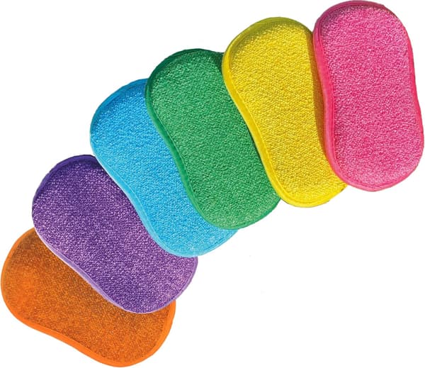 Six double-sided sponges, reusable, machine washable, scratch-resistant, multifunctional, available in multiple colors.