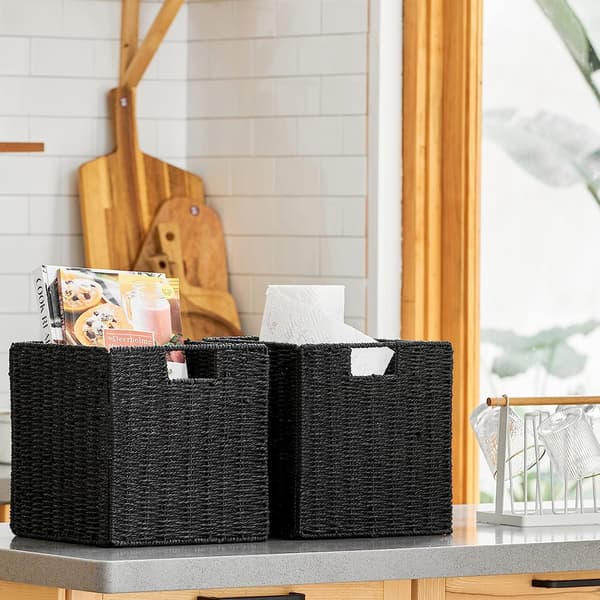 Storage Baskets, Hand-Woven Cube-Shaped Wicker Basket 28cm, Large Foldable Hyacinth Paper Basket with Handles, Decorative Basket (Black)