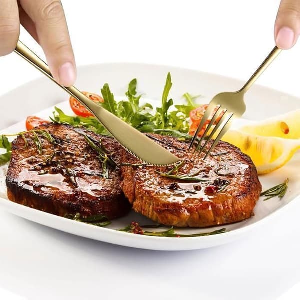 Bestiksæt - 30 dele - Rustfrit stål - Guld - Serverer 6 - Steakkniv, gaffel og ske