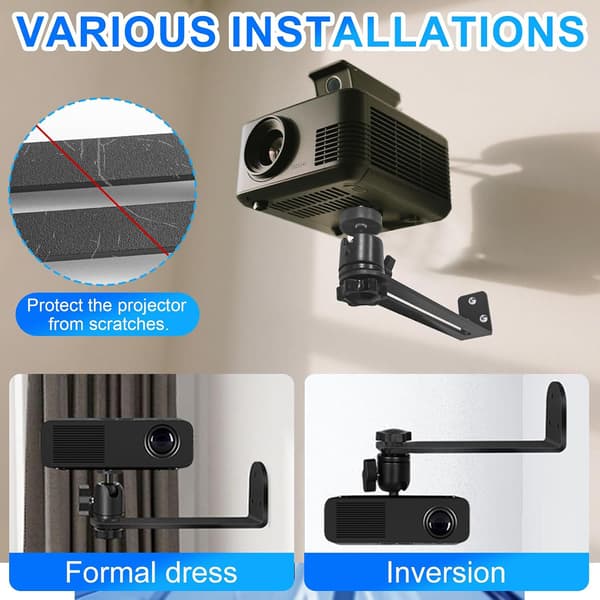 Wall Mounted Projector Mount, 360° Rotatable Projector Bracket, 1/4 Inch Screw, Metal Projector Mount, Black