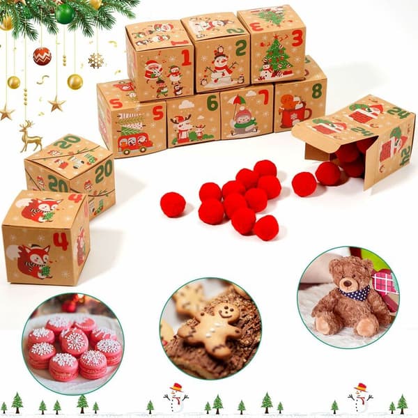 24-pack julkalender, tomte- och snögubbelåda, julkalender presentaskar för barn, familj, juldekoration