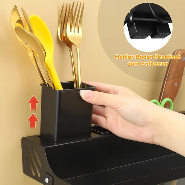 Spice Rack Wall, 50 cm Wall Mounted Kitchen Shelf with 8 Hooks, Hanging Kitchen Holder Without Drilling for Kitchen, Bathroom