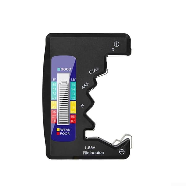 This battery tester has an LCD screen and can test batteries of various capacities, including 9V PP3, AAA, AA, C, and button cell batteries.