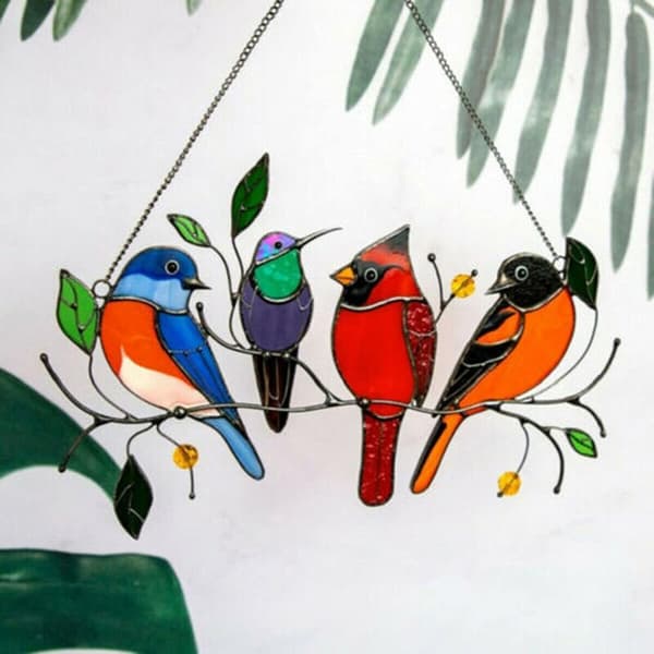 Tall Stained Glass Window Hanging with Birds on a Wire