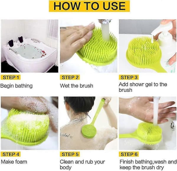 Long Handle Silicone Bath Brush, Bath Brush with Extra Soft Bristles, Double-Sided Brush with Massage Function, Green