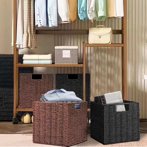 Storage Baskets, Hand-Woven Cube-Shaped Wicker Basket 28cm, Large Foldable Hyacinth Paper Basket with Handles, Decorative Basket (Black)