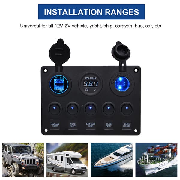 5-vejs multifunktionel vippekontakt grøn baggrundsbelyst dobbelt USB-oplader + digital voltmeter + 12V stik forudkablet kontaktpanel