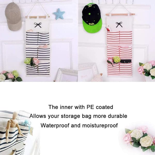 Wall Storage Bag with 6 Mesh Pockets for Hanging on Linen Fabric