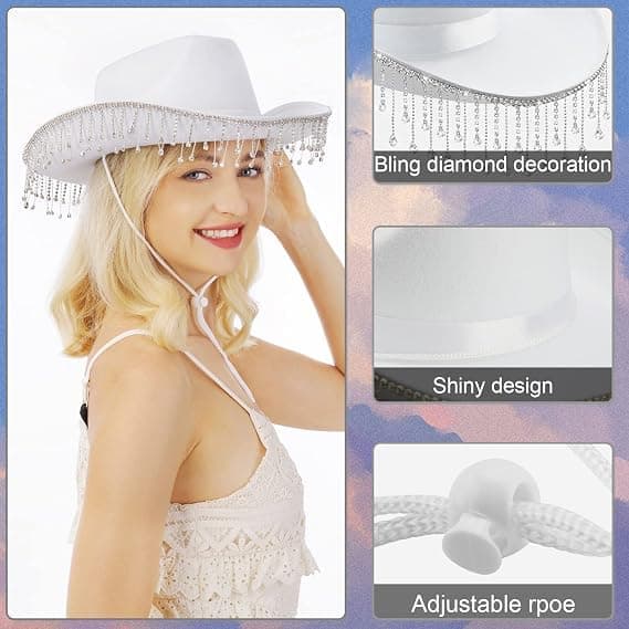 Brudecowboyhat til polterabend, hvid cowboyhat med rhinsten til kvinder, gave til kommende brud, Halloweenkostume