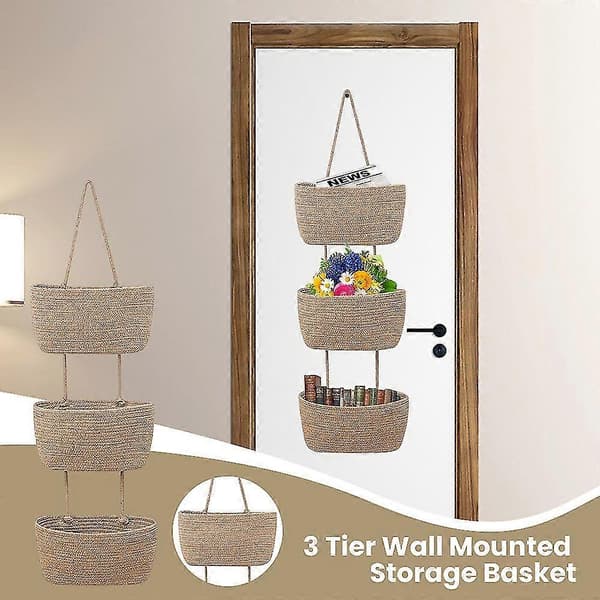 3-Tier Woven Storage Basket Wall Mounted Basket for Organizing Living Room