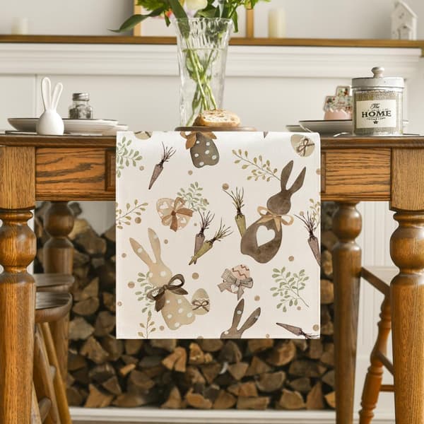 Patterned Rabbit Eucalyptus Egg Carrot Easter Table Runner, Seasonal Spring Kitchen Table Decoration for Home Party Decor 33×183cm