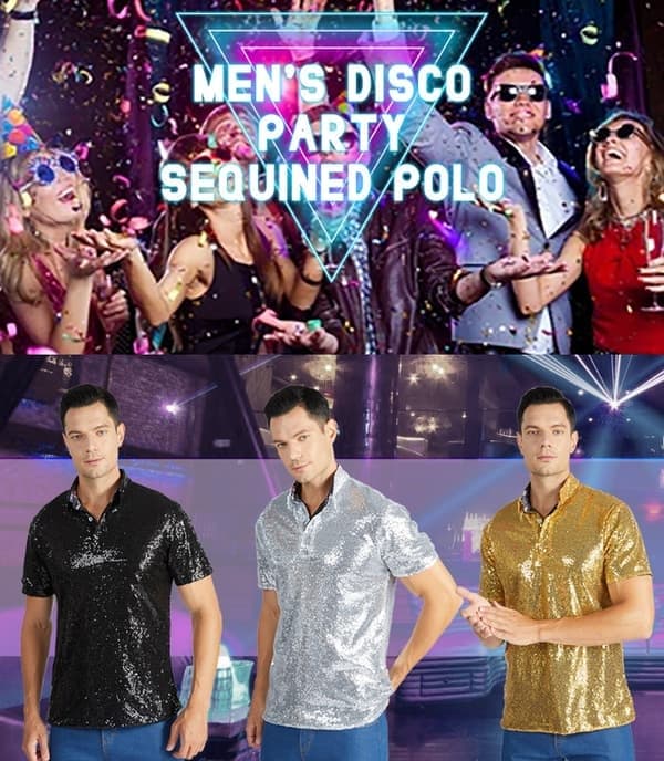 Glänsande paljetter kortärmad pikétröja för män, silver, storlek M Silver M