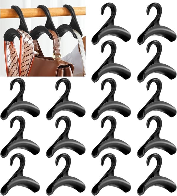 Storage Hooks, 16 Black, for Wallet and Bag Hangers, Space-Saving, 3x10.5x10.5cm