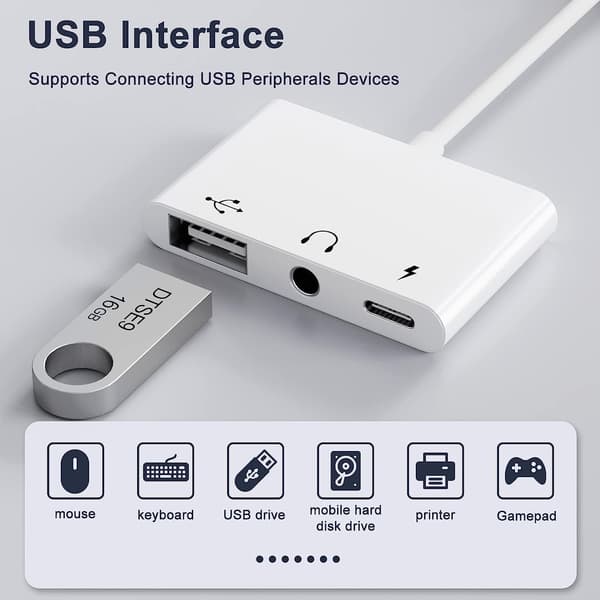 USB-C til USB-adapter, 3-i-1 USB-C til USB-A OTG-adapter med 3,5 mm hodetelefonkontakt og 60W PD hurtigladeport