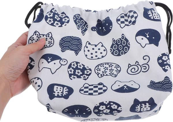Japanese Cotton Drawstring Bento Lunch Bag with Blue Cat Pattern, Double-Layer Thickened Cotton