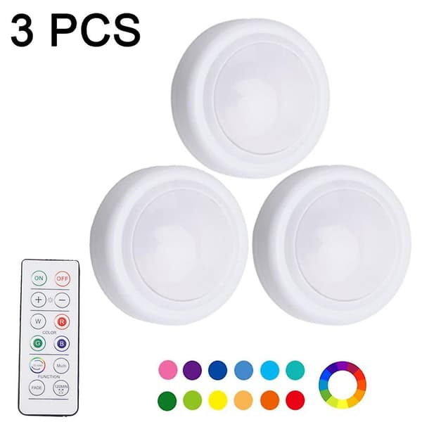 Night light with 16 colors, replaceable LED puck lights, battery operated, dimmable, under cabinet lighting, wireless, with 2 remote controls and timer 3 pcs 3 pcs