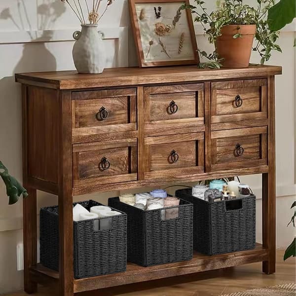 Storage Baskets, Hand-Woven Cube-Shaped Wicker Basket 28cm, Large Foldable Hyacinth Paper Basket with Handles, Decorative Basket (Black)