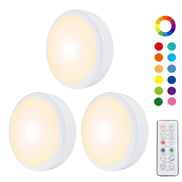 Night light with 16 colors, replaceable LED puck lights, battery operated, dimmable, under cabinet lighting, wireless, with 2 remote controls and timer 3 pcs 3 pcs