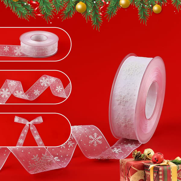 Julebånd 20 meter x 2,5 cm, hvitt snøfnuggbånd Christm