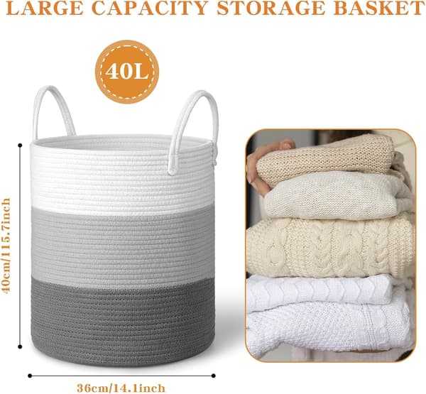 Large Laundry Basket, Foldable Laundry Hamper, Storage Basket with Handles, Cotton Rope Laundry Basket, Grey