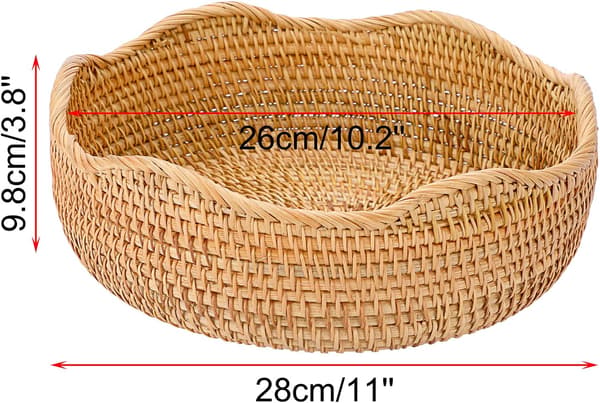 Rattan Storage Basket Woven Fruit Basket Round 28cm Bread Serving Basket Snacks Egg Storage Baskets Dining Table, Desk Countertop