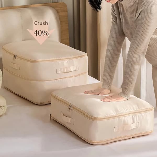 Self-compressing organizer, storage boxes, storage bag for duvets, clothes, blankets (grey, 52x42x30CM)