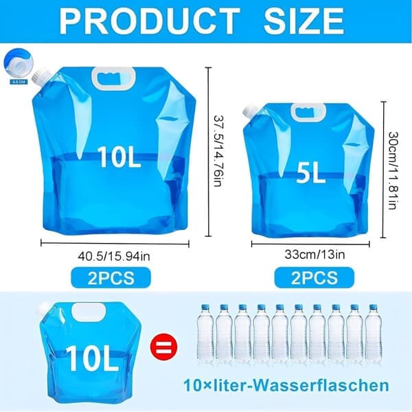 4-pack Foldable Water Containers, Portable Water Carrier with Tight-fitting Lid for Outdoor Use and Camping Accessories