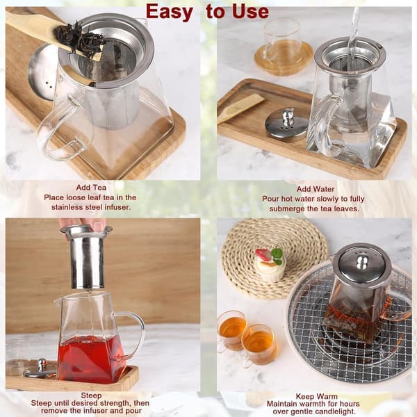 Square Glass Teapot with Infuser, Heat-Resistant Borosilicate Glass Teapot with Strainer, 550ml/18.6oz