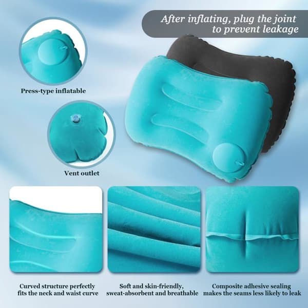 Two Inflatable Camping Pillows with Storage Bag, Ergonomically Designed for Outdoor Activities.