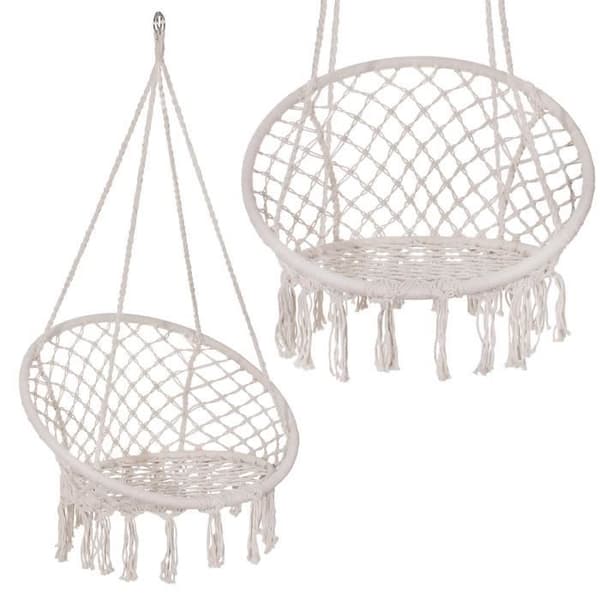 Hanging swing with cotton fringes - SPRINGOS - Garden - Robust and comfortable - Macrame design_tfrf cream grädde