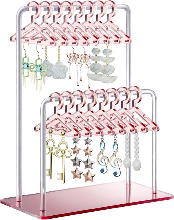 Acrylic Earring Holder with Unique Double Tier Design, Cute Miniature Clothes Rack with Ample Storage for 48 Pairs