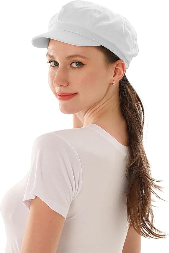 Dambasballkeps med brem for kvinner, justerbar flat caps i ensfarget hvit White