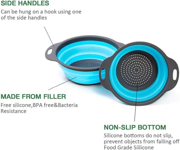 3-piece foldable kitchen colander, collapsible colander basket for pasta, vegetables, fruit (blue, green, orange)