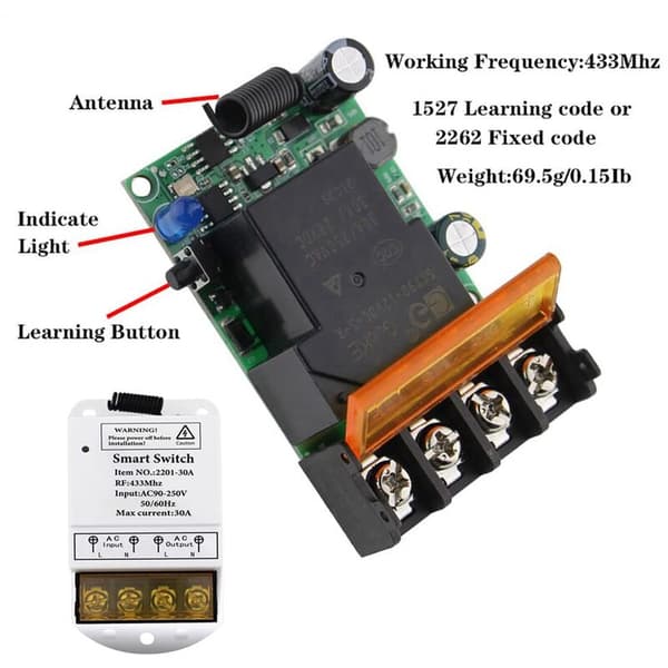Wireless Remote Switch 433MHZ AC 110V/120V/220V/ 30A 1CH Relay RF Remote Control Light Switch for Pump Security System