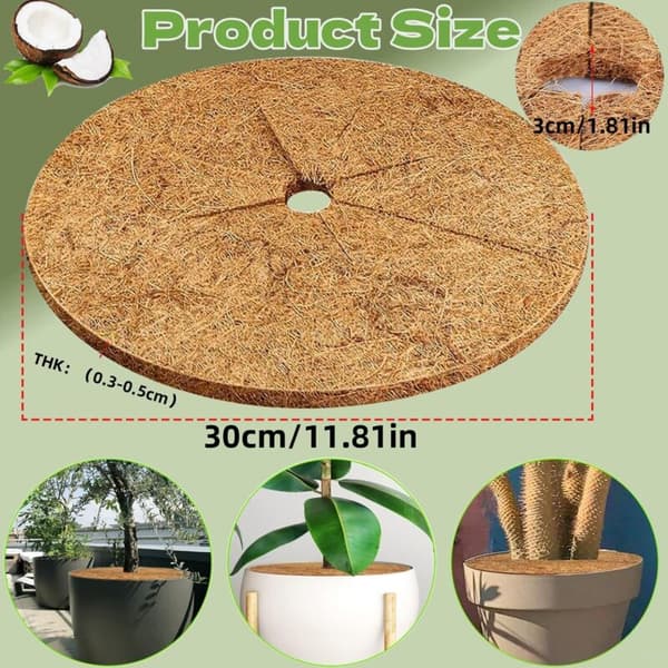 Coconut Fiber Mulch Discs, 30 cm, 4-pack. Thick and Biodegradable. Protects Potted Plants and Garden Plants.