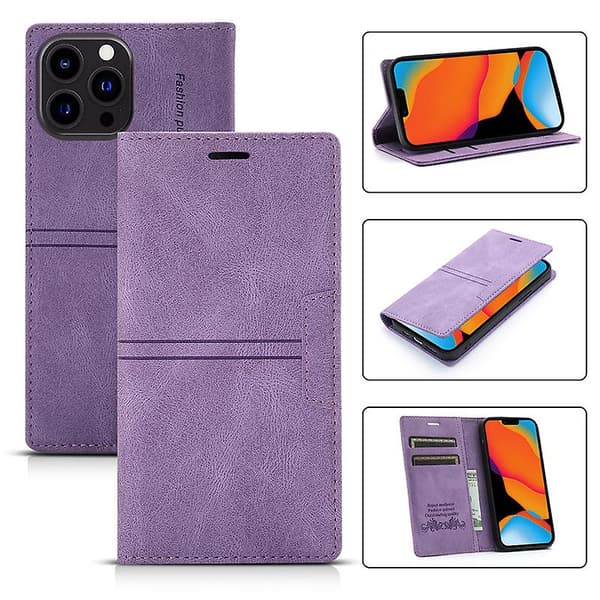 Etui til iPhone 13 Pro med kortholder lilla PU læderetui pung til Apple iPhone 6,1 tommer
