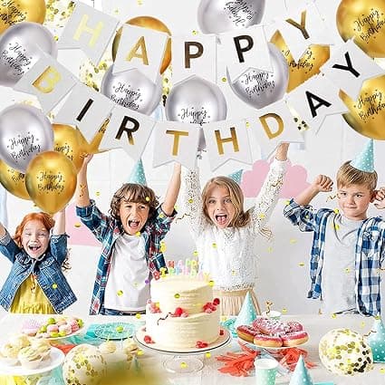 Happy Birthday Flag Banner Sequin Balloon Set (Platinum), Party
