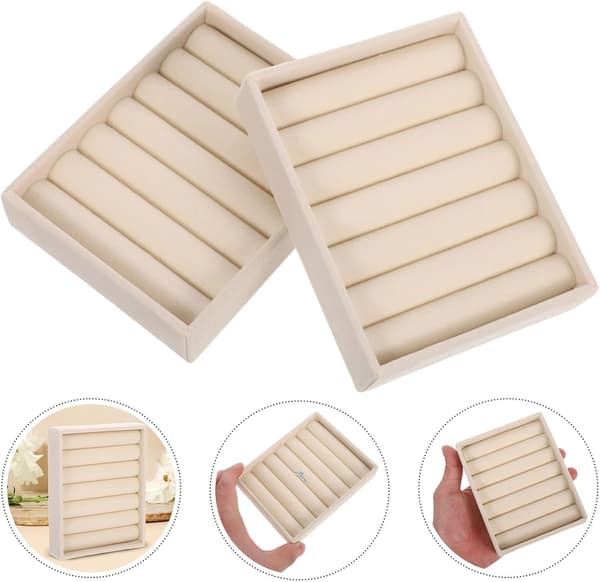 2-pack ringorganisatörslåda med mjukt foder och robust konstruktion, elegant beige smyckesförvaringsbricka